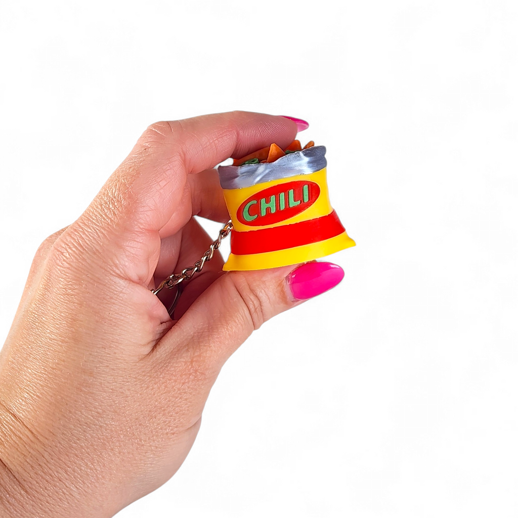 Chili Chips Bag Clicker Keychain | Mini Food Fidget Toy | Sensory Keychain | Cute Miniature Snack Toy | Neurodivergent Friendly Gift